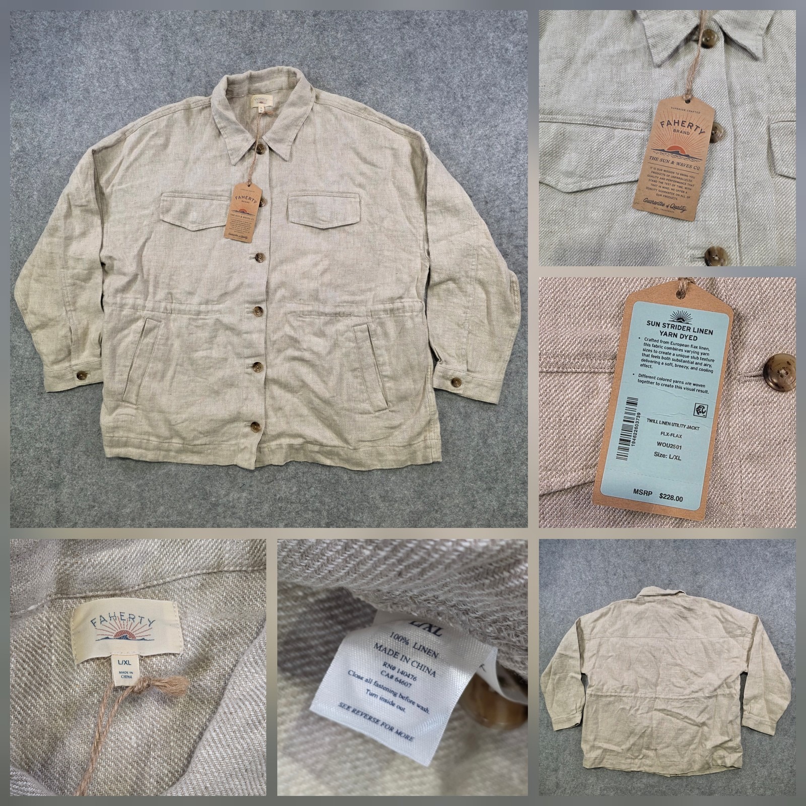 Faherty Jacket Womens Xl Beige Sun Strider Linen Utility Military Button Front